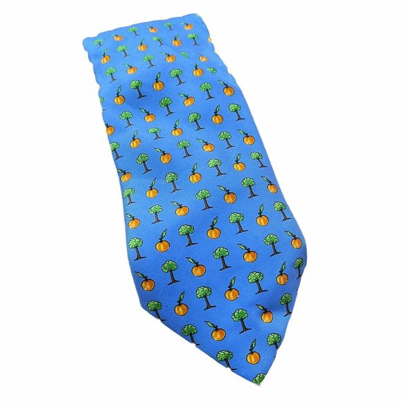 Men's Silk Neck Tie Blue w/Peach Trees & Peaches - Picture 2 of 6